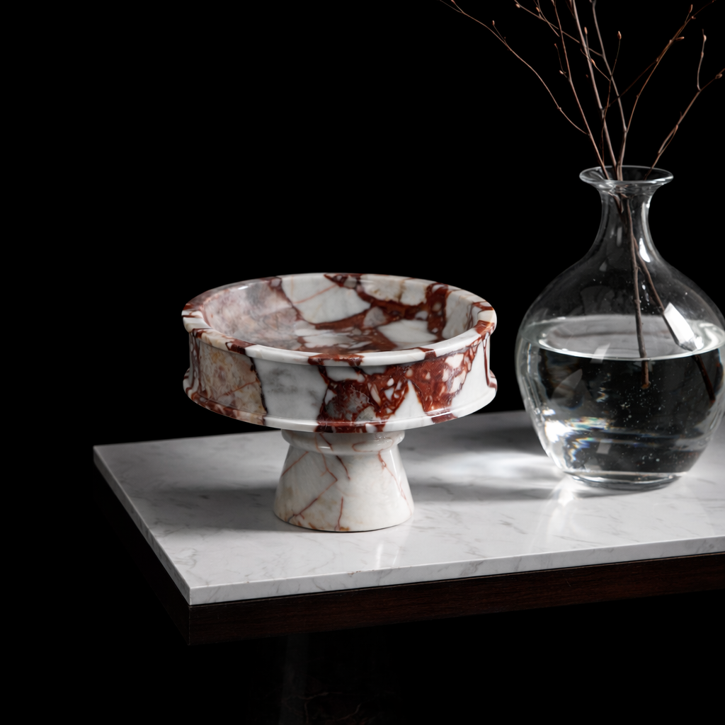 Red White Marble Pedestal Bowl