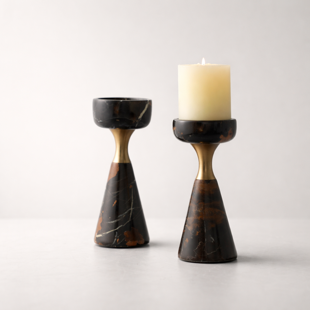 Brown Marble Aluminum Candle Holder Set