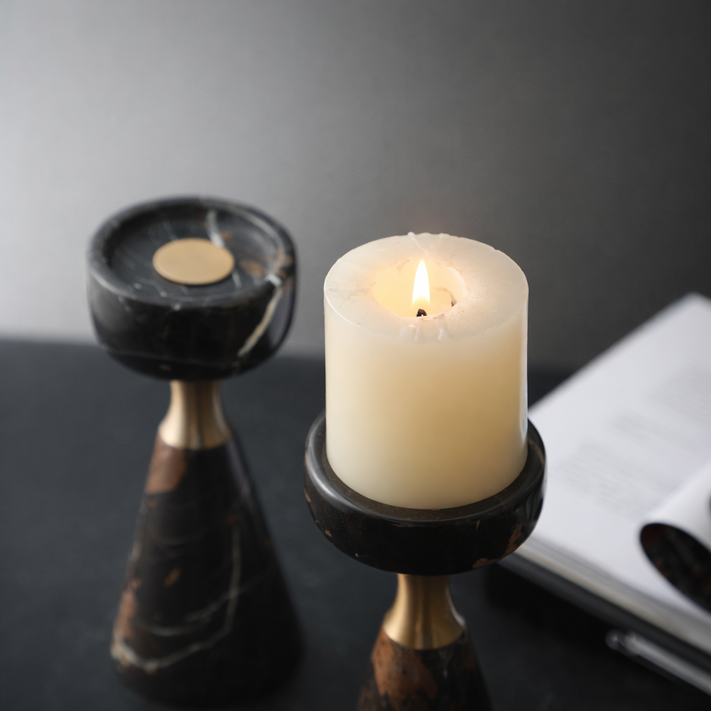 Brown Marble Aluminum Candle Holder Set