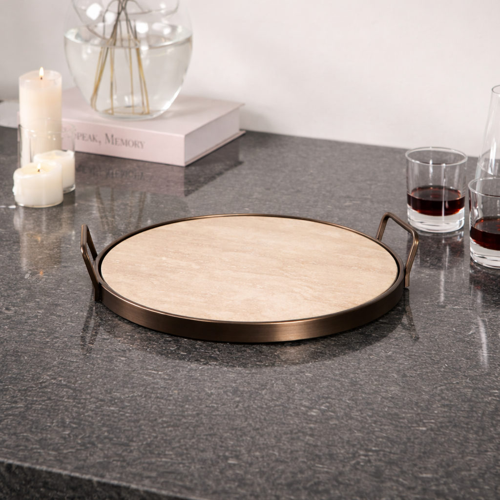 Beige Marble Stainless Steel Tray (Handled)