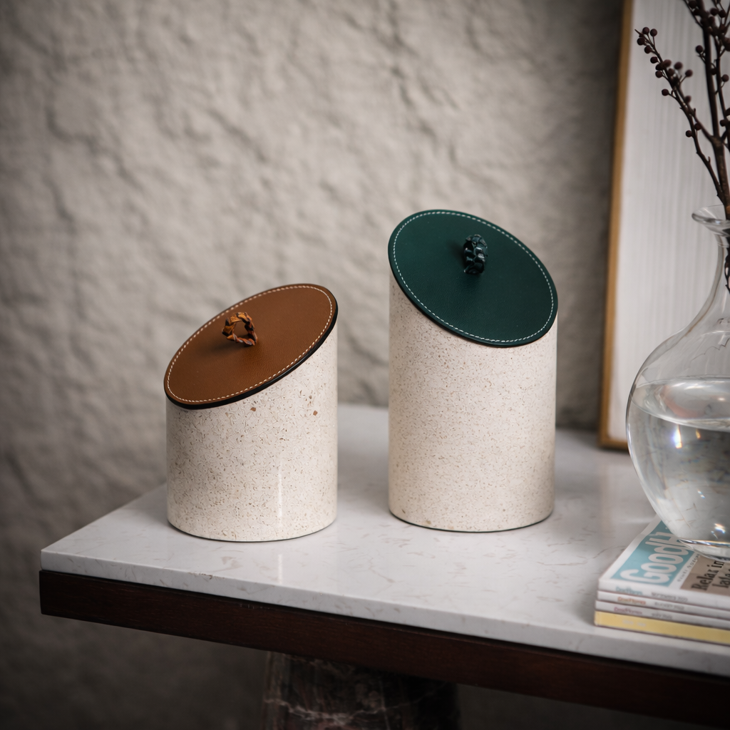 Beige PU Leather Marble Jar