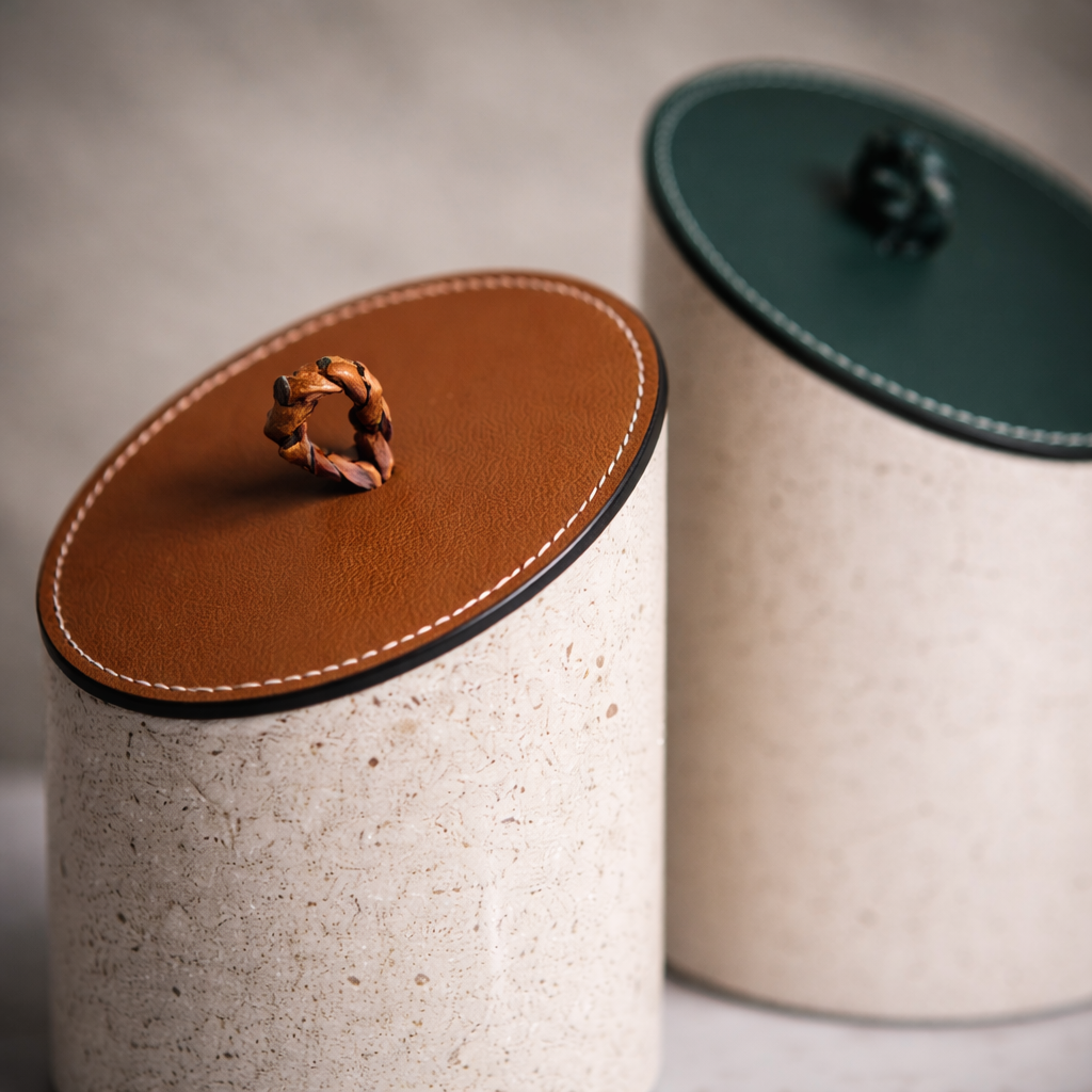 Beige PU Leather Marble Jar