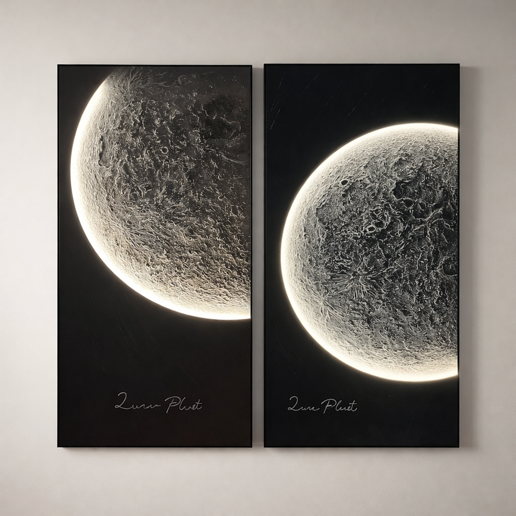 Celestial Reflections in Handmade Oil Painting with 3D Carving & LED