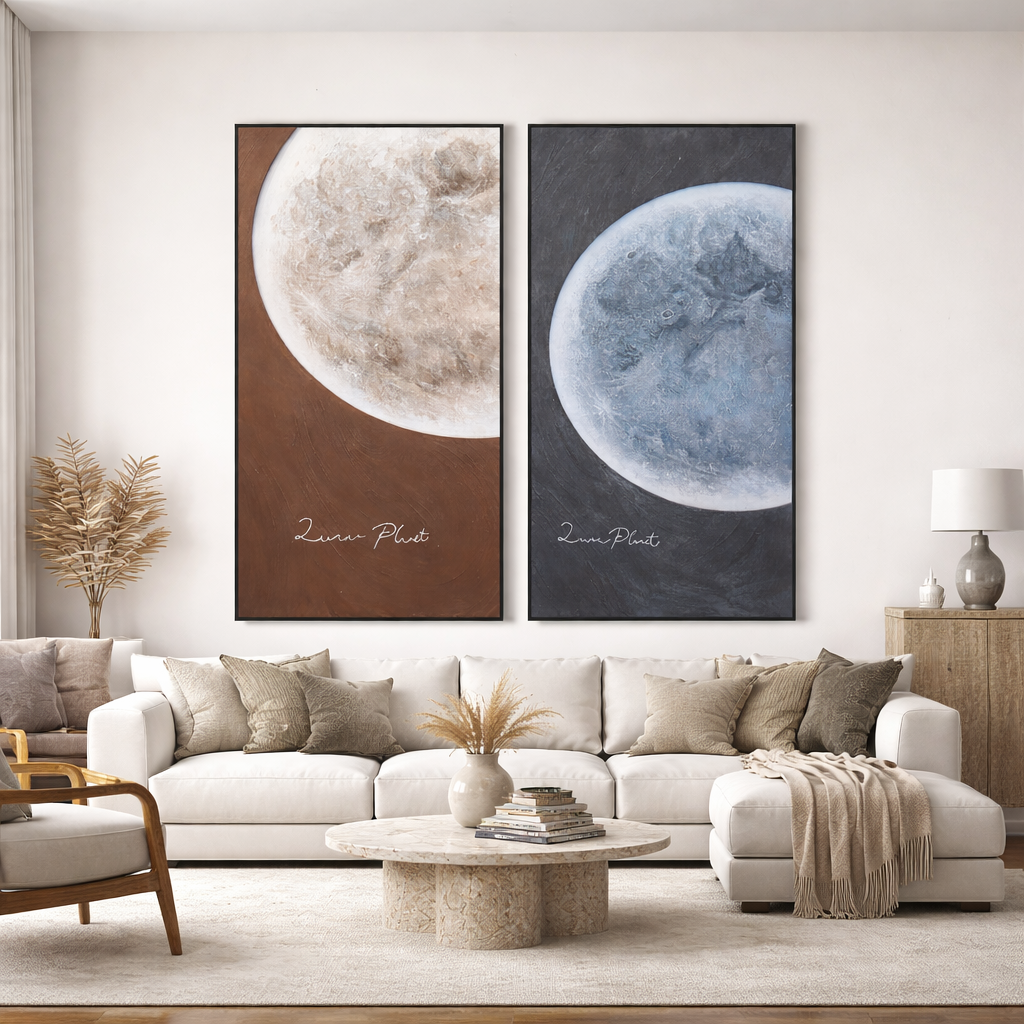 Celestial Reflections in Handmade Oil Painting with 3D Carving & LED