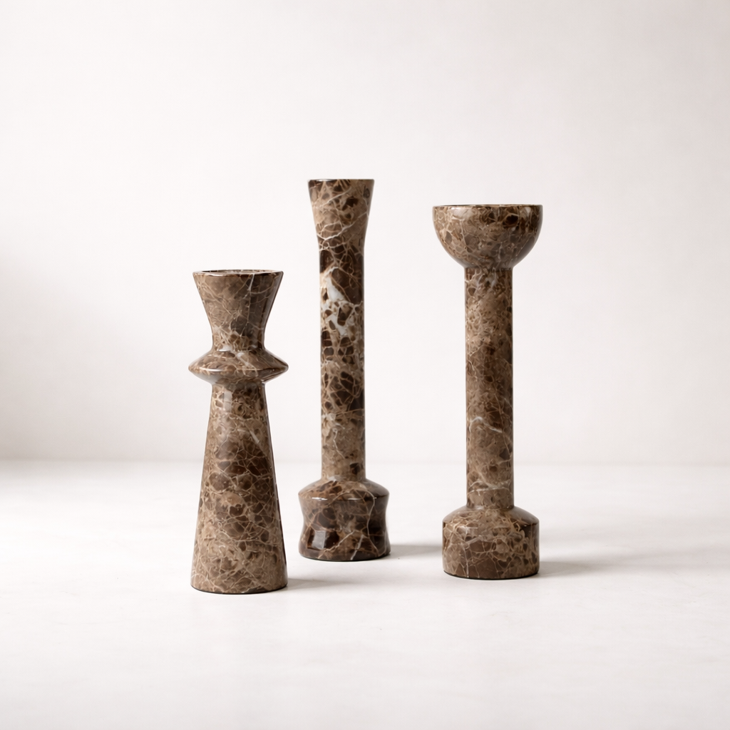 Dark Brown Marble Candle Holder Set