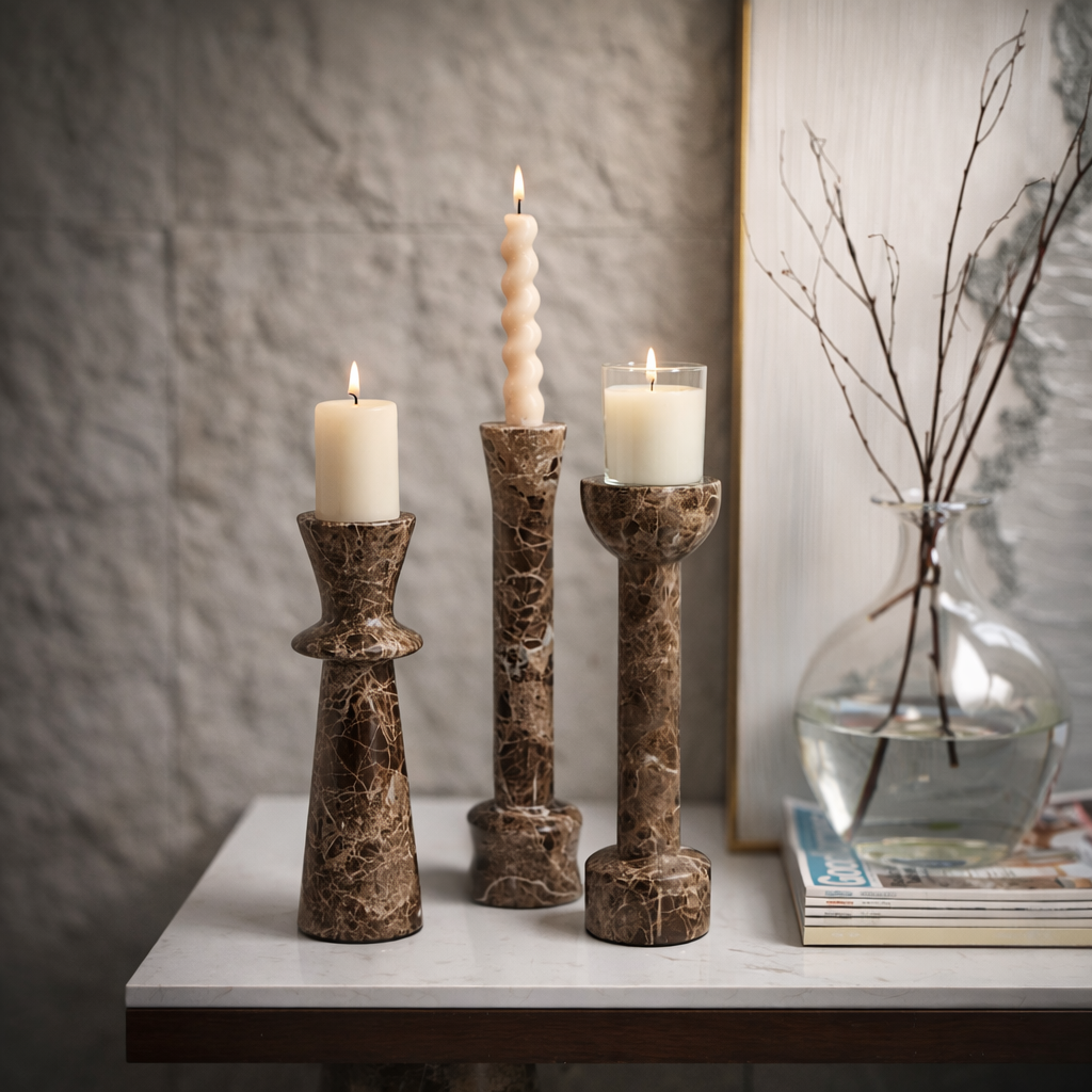 Dark Brown Marble Candle Holder Set