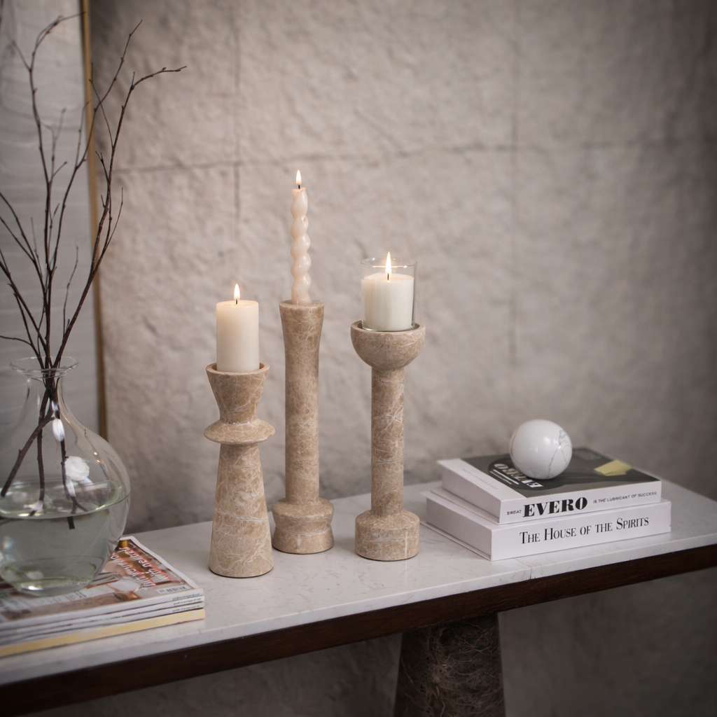 Light Brown Marble Candle Holder Set