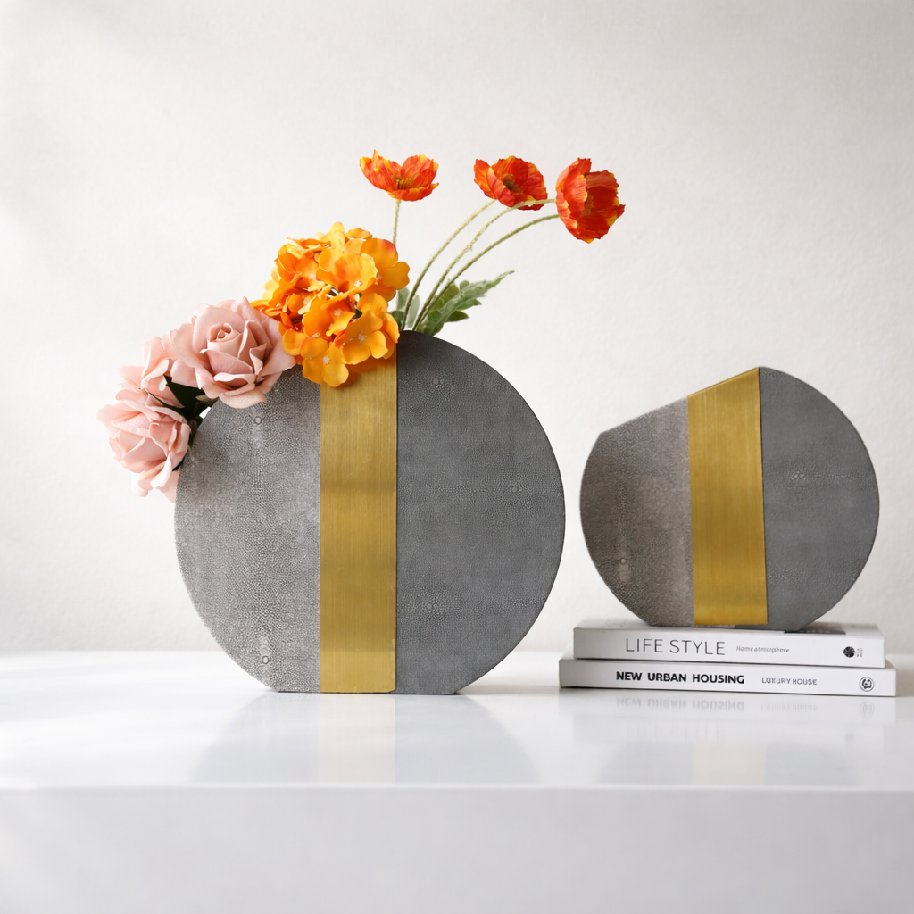 Rynel Grey & Gold Iron Leather Vase Set
